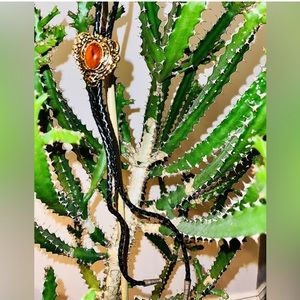 RARE Vintage Bolo Tie with Amber stone and gold scripted border - heavy quality